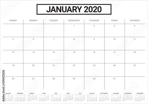 January 2020 desk calendar vector illustration