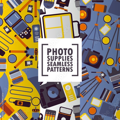 Photography accessory icons on seamless pattern, vector illustration. Photo equipment store, professional supply shop. Camera icons in flat style, tripods and lens filters