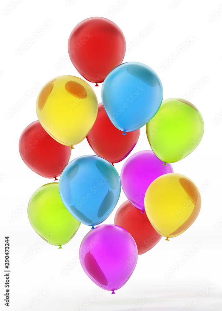 Flying multi colored balloons isolated on white background. 3D illustration
