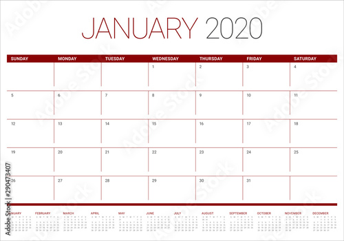 January 2020 desk calendar vector illustration