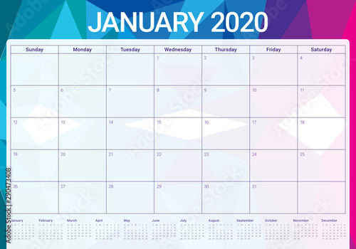 January 2020 desk calendar vector illustration