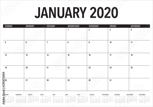 January 2020 desk calendar vector illustration