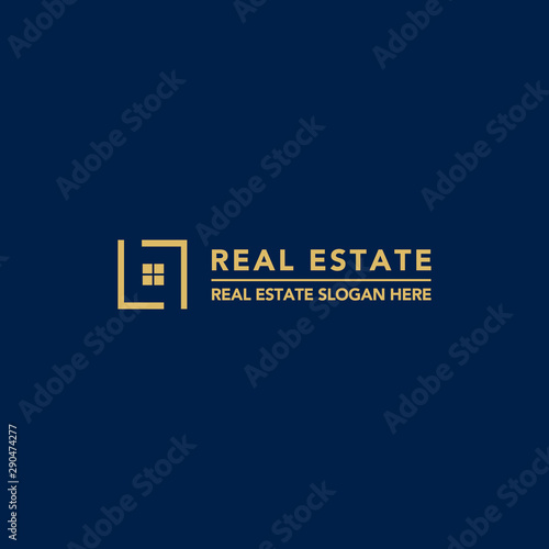 modern gold logo for real estate business on blue background