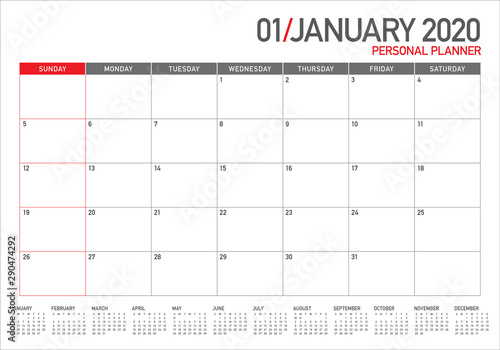 January 2020 desk calendar vector illustration