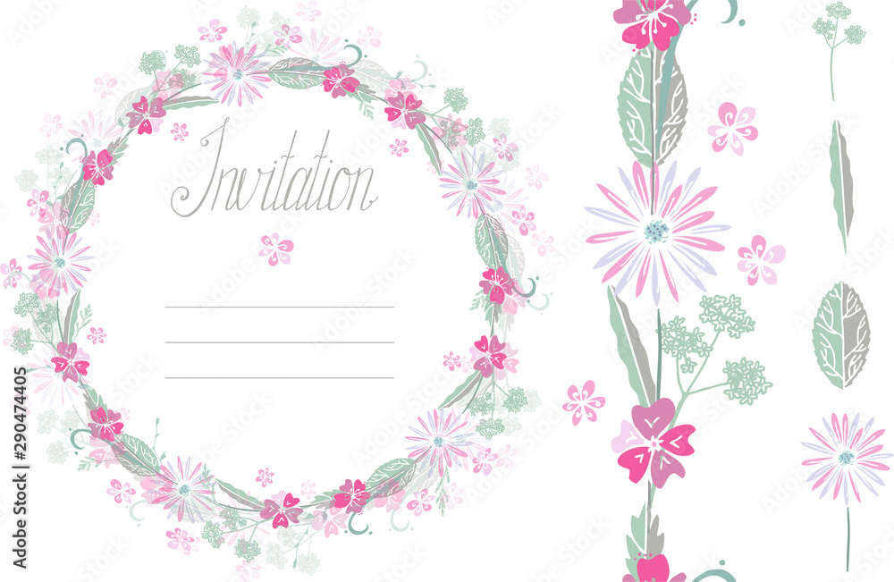 Isolated on white vector set with circle floral tangle, seamless brush, hand drawn Invitation word silhouette, shapes of flowers and leaves in pink, grey, light green colors