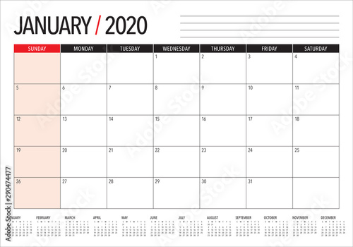 January 2020 desk calendar vector illustration