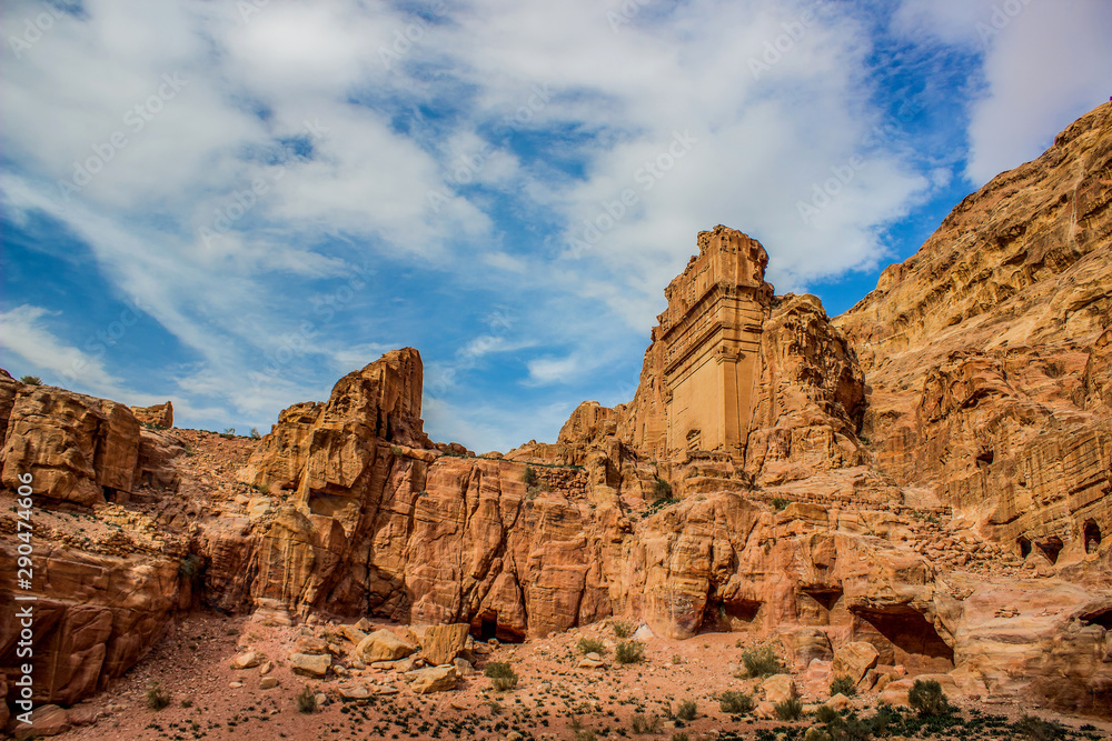 Petra ancient city ruins famous world heritage site in Middle East Jordan country, desert canyon scenery landscape rocky highland gorgeous environment 