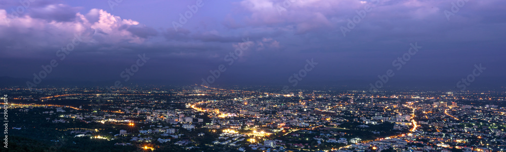 Panorama of cityscape purple sky on twilight from Chiang mai, Thailand.