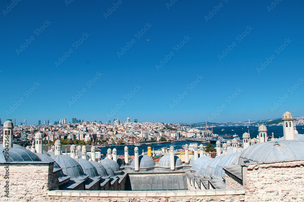 Galata Tower and Mosque dome silhouette with Bosphorus landscape in Golden Horn of Istanbul city in Turkey and the sea of Marmara Galata Tower and Mosque dome silhouette with Bosphorus landscape in Golden Horn of Istanbul city in Turkey and the sea of Marmara