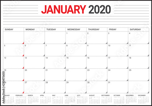 January 2020 desk calendar vector illustration