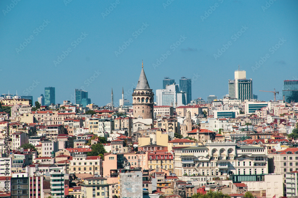Galata Tower and Mosque dome silhouette with Bosphorus landscape in Golden Horn of Istanbul city in Turkey and the sea of Marmara Galata Tower and Mosque dome silhouette with Bosphorus landscape in Golden Horn of Istanbul city in Turkey and the sea of Marmara