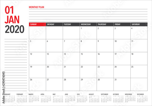 January 2020 desk calendar vector illustration