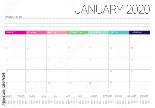 January 2020 desk calendar vector illustration