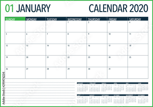 January 2020 desk calendar vector illustration