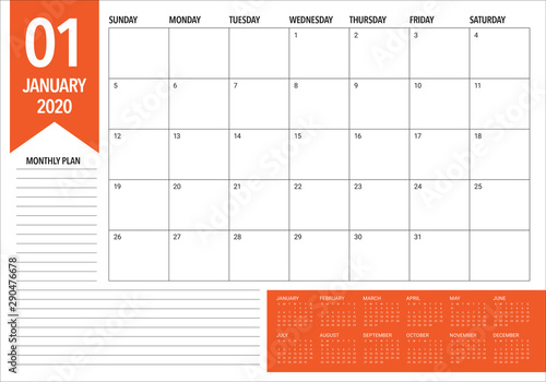 January 2020 desk calendar vector illustration