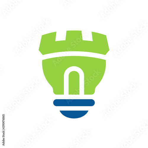 Castle light bulb logo icon, green color lamp symbol, vector illustration design