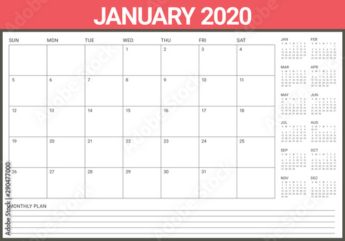 January 2020 desk calendar vector illustration