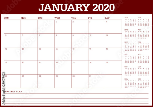 January 2020 desk calendar vector illustration