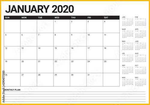 January 2020 desk calendar vector illustration