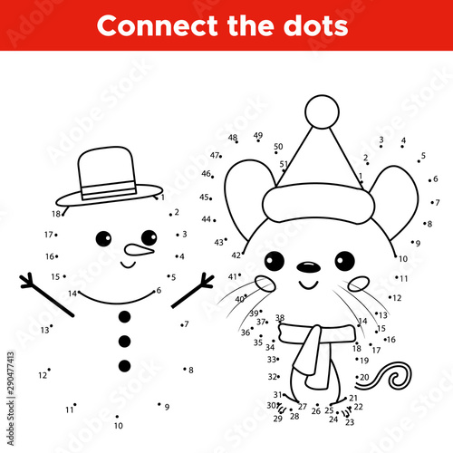 Educational number dot to dot game. Kawaii cartoon mouse character with snowman. Activity worksheet for kids.