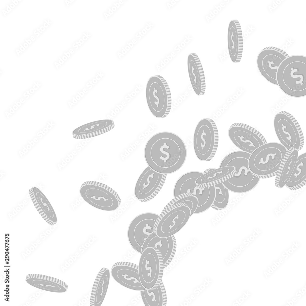 American dollar coins falling. Scattered black and