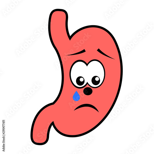 Unhappy unhealthy crying stomach cartoon character vector icon isolated on white.