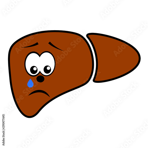 Unhappy unhealthy crying liver cartoon character vector icon isolated on white.