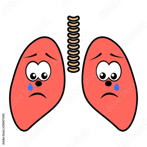 Unhappy unhealthy crying lungs cartoon character vector icon isolated on white.