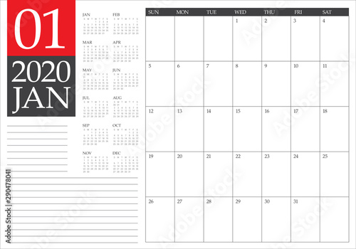 January 2020 desk calendar vector illustration