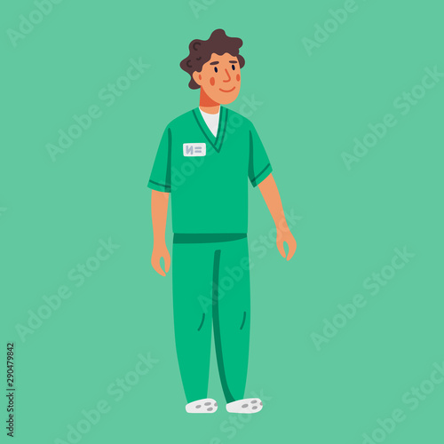 Male social worker or nurse wearing a green uniform on a green background. Flat style Vector illustration.