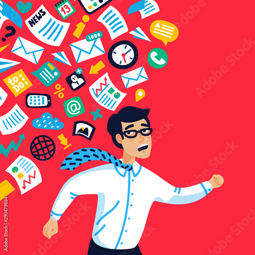 Overloading concept. Information overloading. Young businessman running away from information stream pursuing him. Concept of person overwhelmed by information. Vector illustration in flat style.