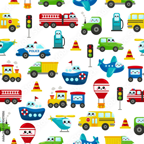 Childish seamless pattern. Cute kawaii transportation characters: cars, ship, plane, helicopter, train, balloon. For nursery. Illustration for kids.