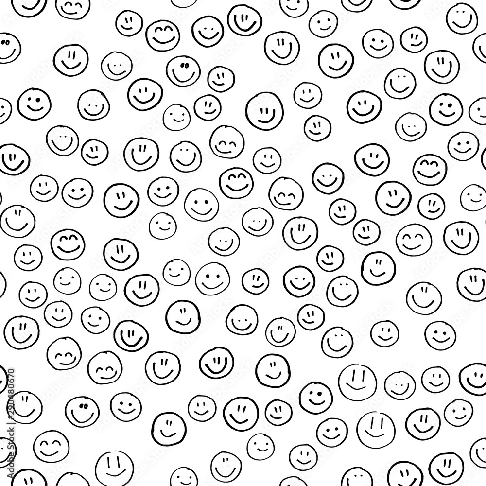 Smile icon. Many smiles. Vector seamless pattern. Customized color. For printing on fabric, postcards, social media post, advertising. Happy emotion, happy face, smiling face. Fun doodle background.
