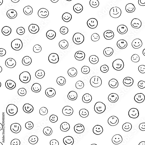 Smile icon. Many smiles. Vector seamless pattern. Customized color. For printing on fabric, postcards, social media post, advertising. Happy emotion, happy face, smiling face. Fun doodle background.