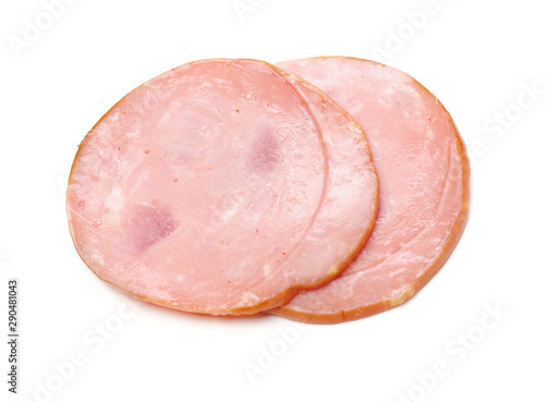 cooked boiled ham sausage on white background
