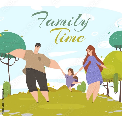 Family Time Banner. Woman Man and Girl Walking