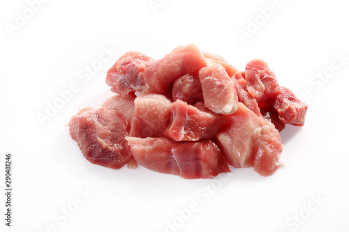Pork, meat for goulash. Raw meat on a white background.