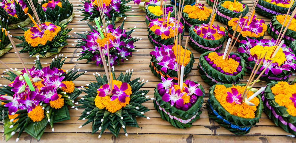 Krathong of floating basket by banana leaf Thai style for Loy Krathong Festival or Thai New Year and river goddess worship ceremony,the full moon of the 12th month Be famous festival of Thailand.