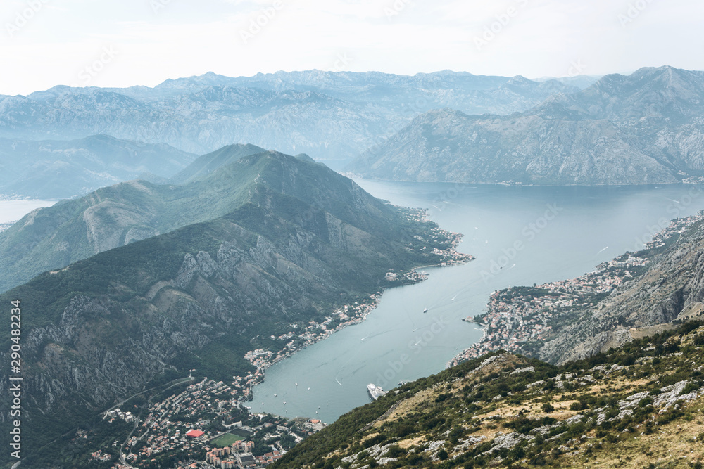 Beautiful view of the Bay of Kotor in Montenegro. Aerial view of the mountains, the sea and the city of Kotor