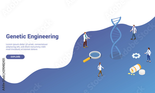 dna genetic engineering with team doctor people for website template or landing homepage with isometric modern style - vector