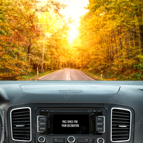 Car interior and autumn road in forest 