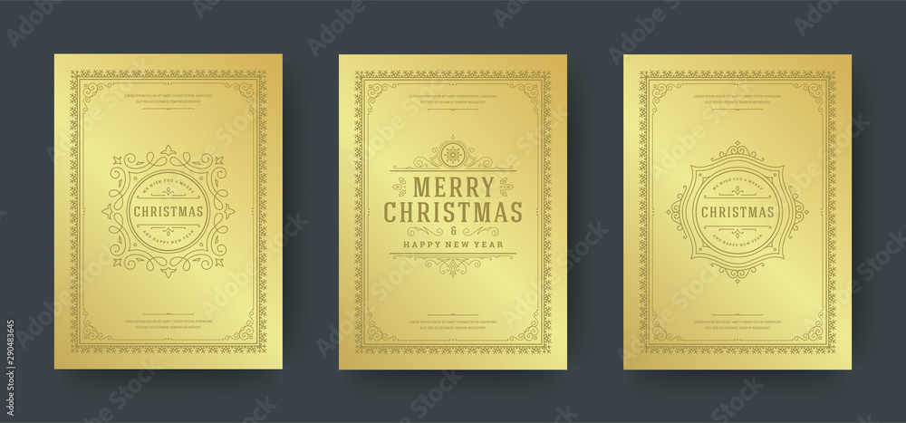 Christmas greeting cards design, ornate decoration symbols with winter holidays wishes vintage typography