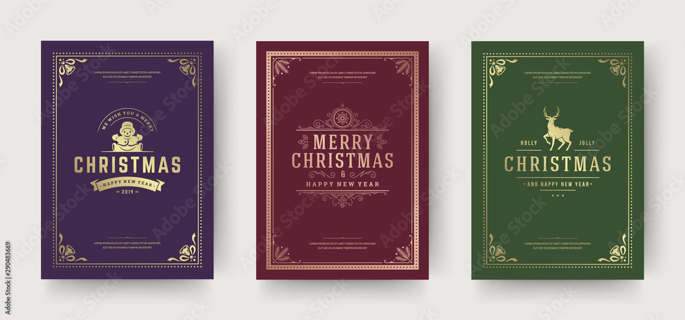 Christmas greeting cards vintage typographic design, ornate decorations symbols with reindeer, winter holidays wishes