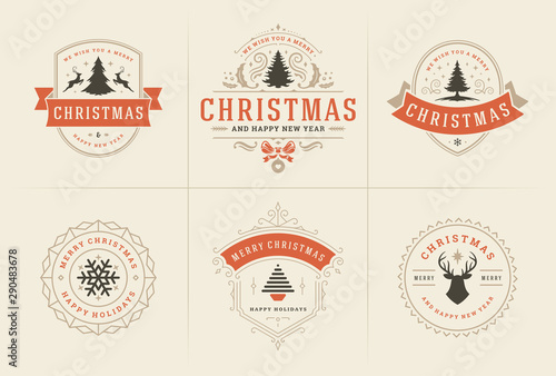 Christmas vector typography ornate labels and badges, happy new year and winter holidays wishes vector illustration
