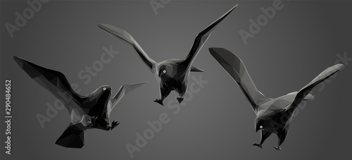 Eagle in Black and White. Dark Set of Eagles. Low Poly Vector Greyscale Silhouette 3D Rendering