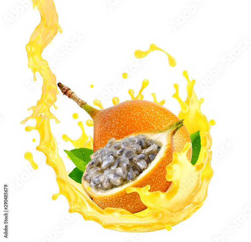 Fresh ripe granadilla fruit and smoothie 3D splash wave. Healthy food or tropical fruit drink liquid ad label design. Tasty juicy granadilla, passion fruit, maracuja juice or smoothie splash isolated photo