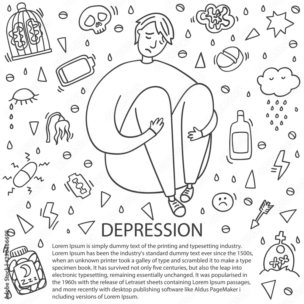 Sad and depressed boy sitting. Depression boy doodle. Heartbreak and ...
