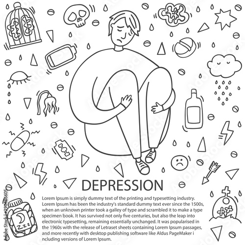 Sad and depressed boy sitting. Depression boy doodle. Heartbreak and sad doodle man. Depression signs and symptoms. Concept of stress, sadness, depression, metaphor isolated on white background. 