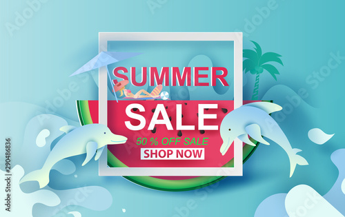 Summer Sale Banner With Watermelon.Special Offer Creative design paper cut and craft for card and poster colorful. Holiday woman sunbathing and dolphin Happy enjoy concept.Vector Illustration EPS10