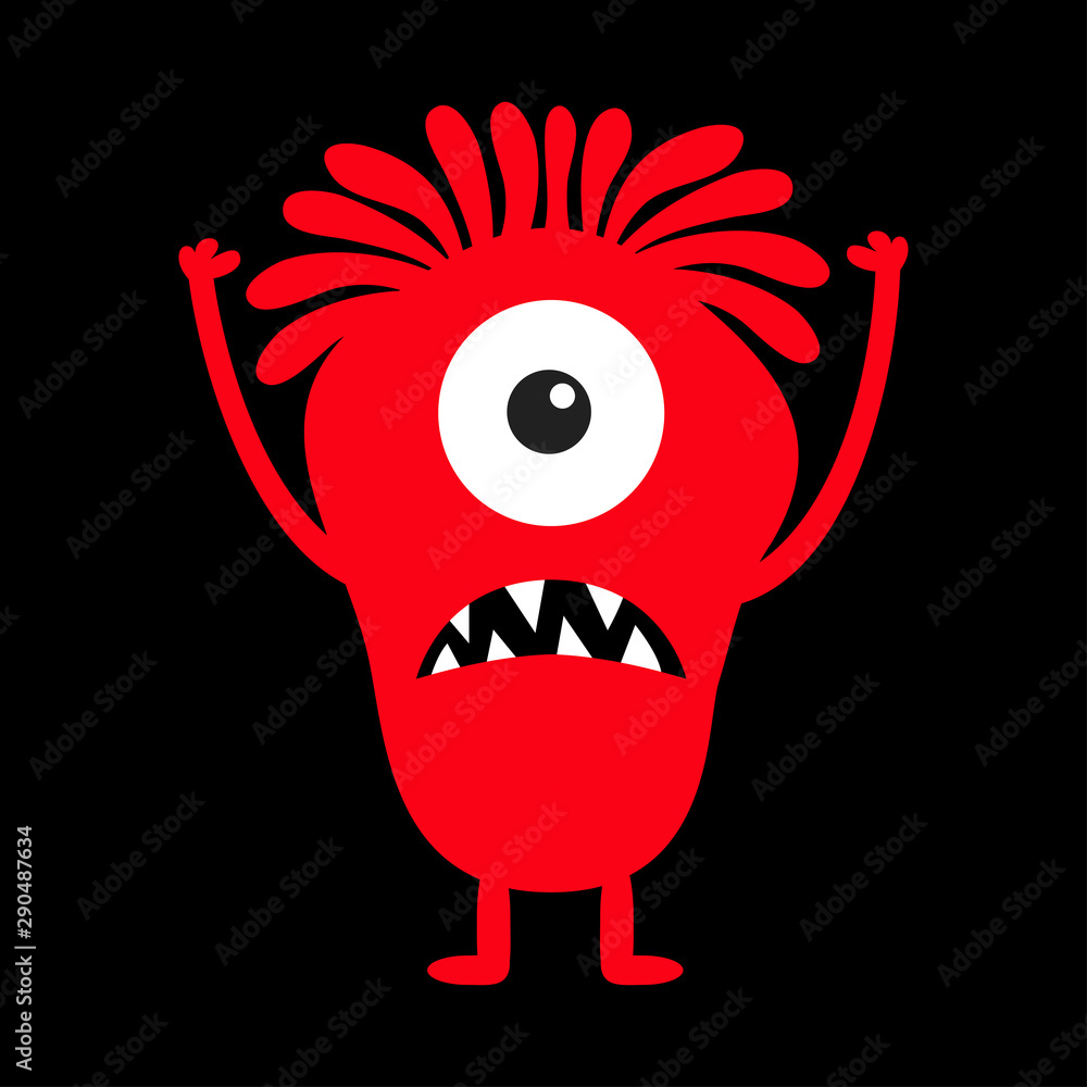 Monster red silhouette. Cute cartoon kawaii scary funny character. Baby  collection. One eye, fang tooth, hands up, hair. Black background.  Isolated. Happy Halloween. Flat design. Stock Vector | Adobe Stock